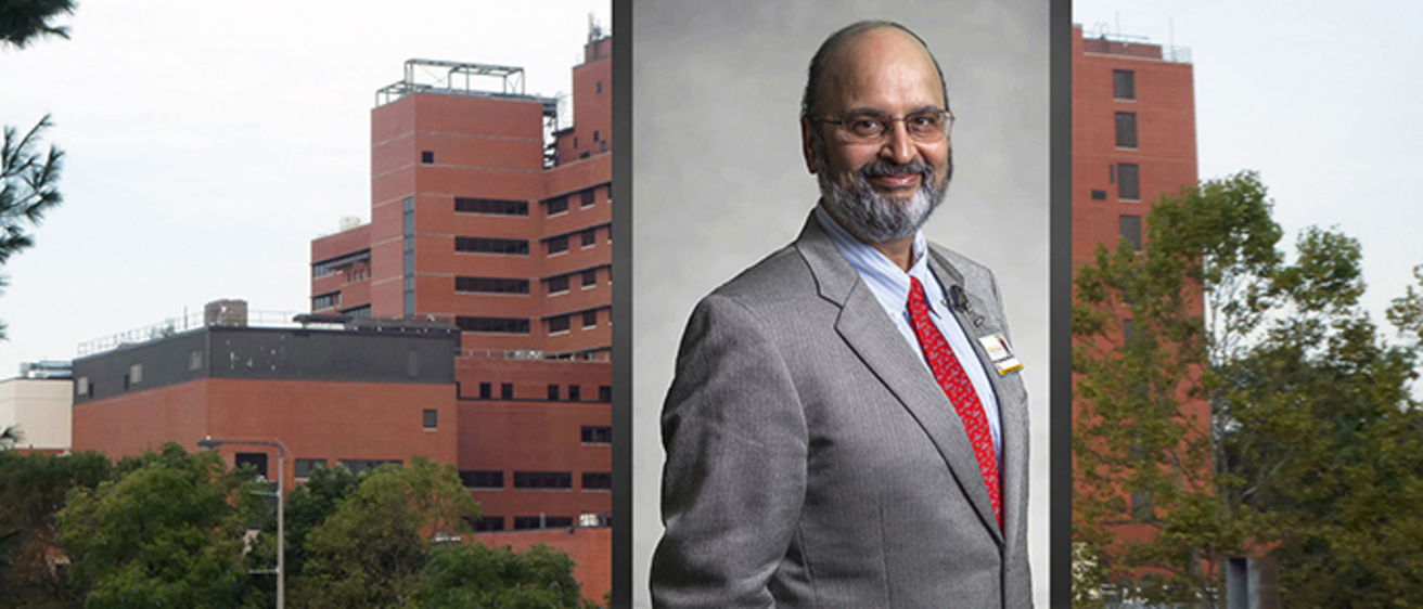 A collage of Dr. Karandikar's portrait overlayed over the VA hospital